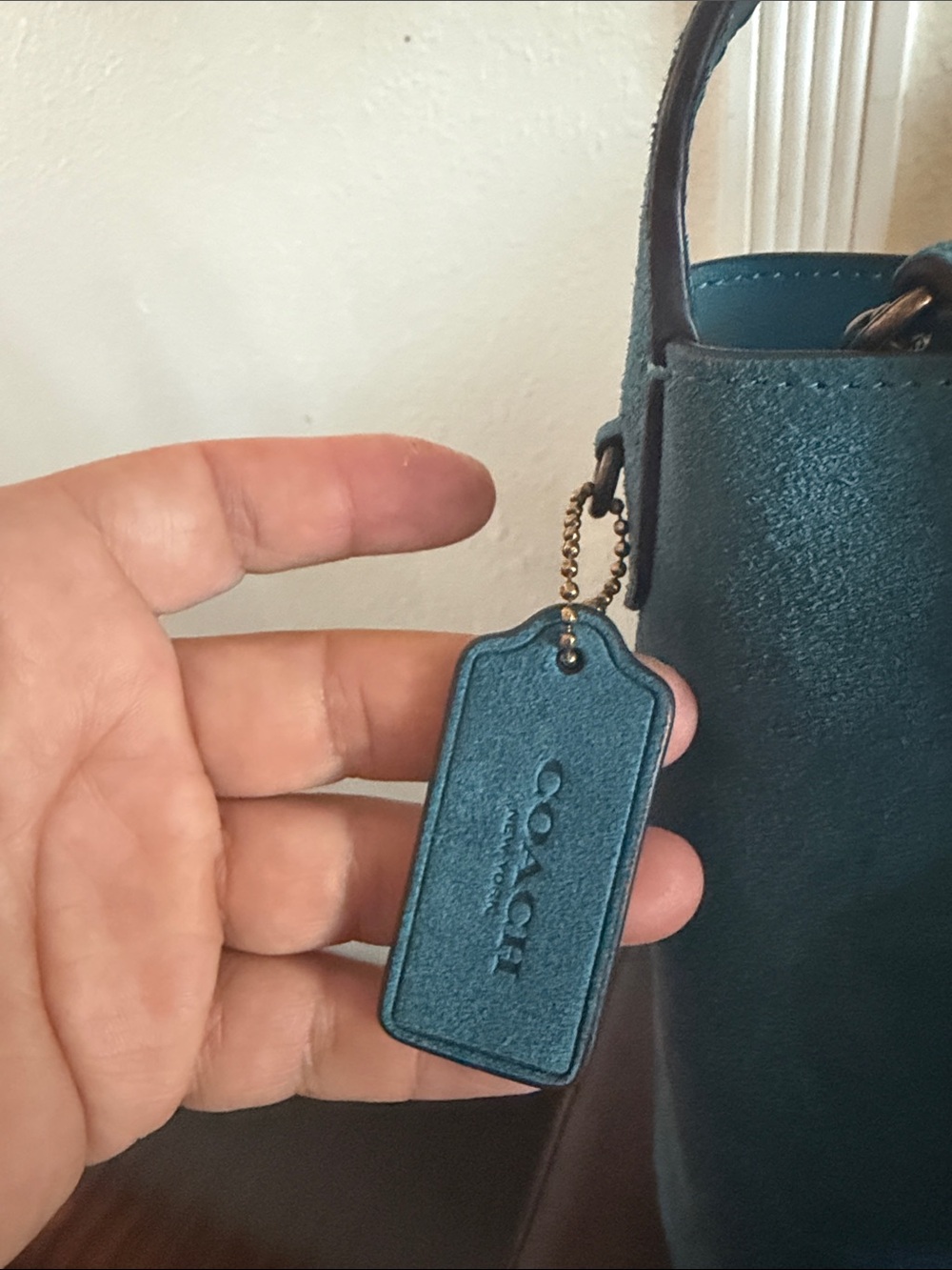COACH Teal Suede Bucket Bag with Wide Adjustable Strap - Picture 3 of 11